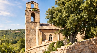 Clocher de pierre d’une chapelle provençale parmi les arbres
