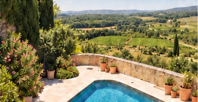 Jardin fleuri et piscine surplombant les vignes